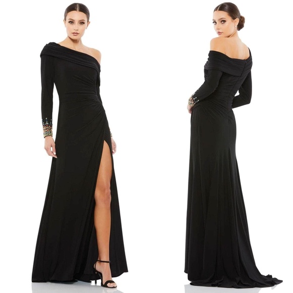 NEW Mac Duggal Black OFF THE SHOULDER Jersey JEWEL CUFFS Ruched HIGH SLIT GOWN 2 - Picture 2 of 14